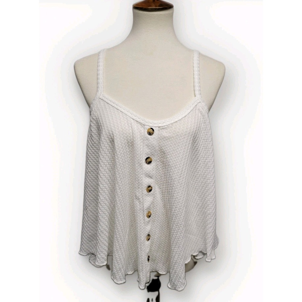 White Boho Fairy Whimsy Womens Waffle Knit Button Front Sheer Cami Tank Top Xl